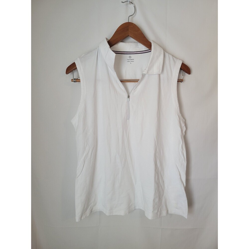 T by Talbots Women's White Sleeveless 1/4‎ Zip Polo Top Activewear Golf Size L